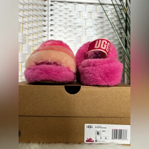 Excellent Condition- UGG Fluff Yeah Multi-Color Fur Platform Slides - Picture 3 of 4
